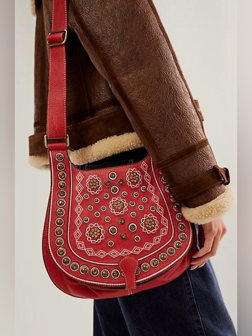 Like New Free People Studded Saddle Crossbody Bag - Red Lip